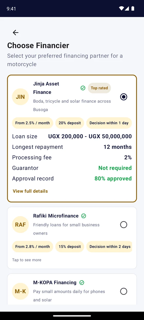 Comparing financiers in the Mali Yangu app: interest, deposit, loan size, processing fee and approval record