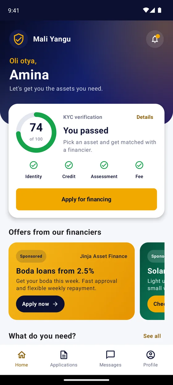 The Mali Yangu home screen: a verified customer with a score of 74 and offers from financiers