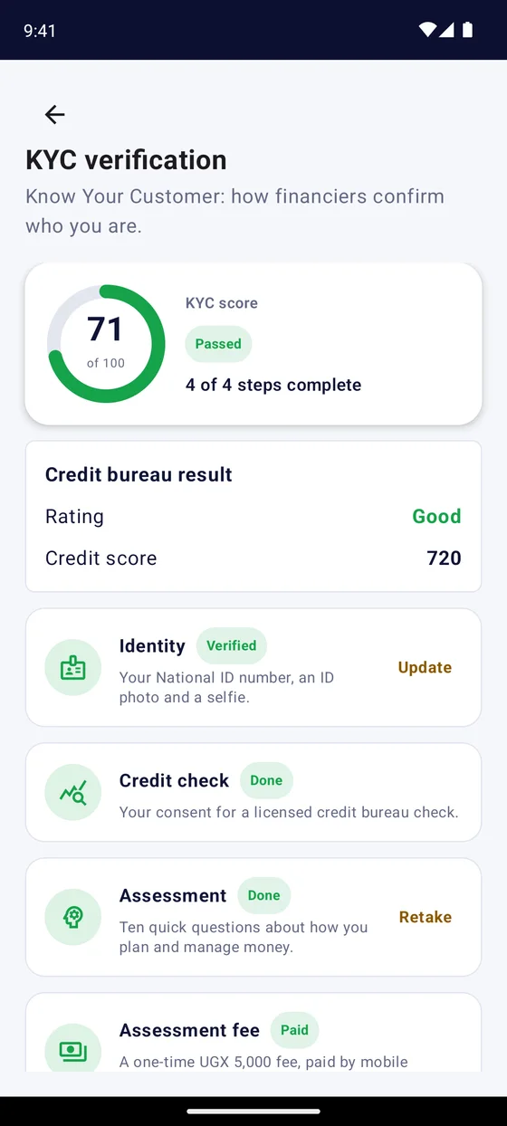 The KYC verification page showing a score of 74, a good credit rating and every step complete