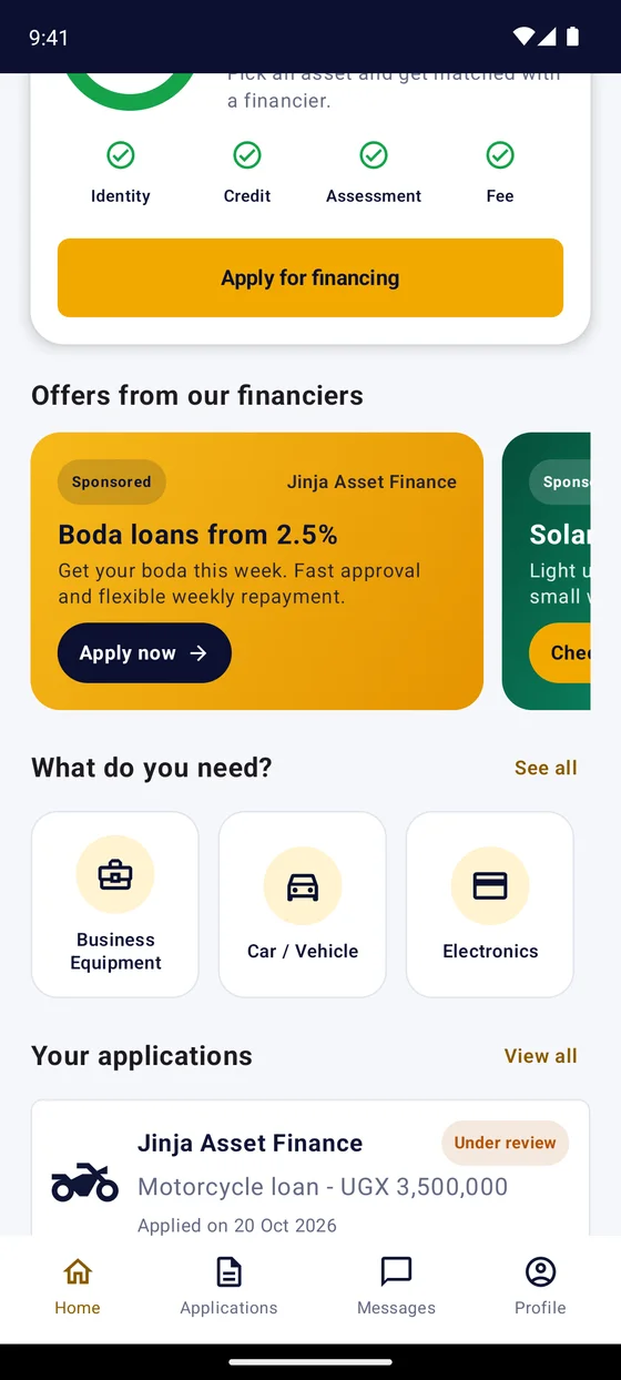 Offers from financiers, asset shortcuts and the customer's applications on the Home screen
