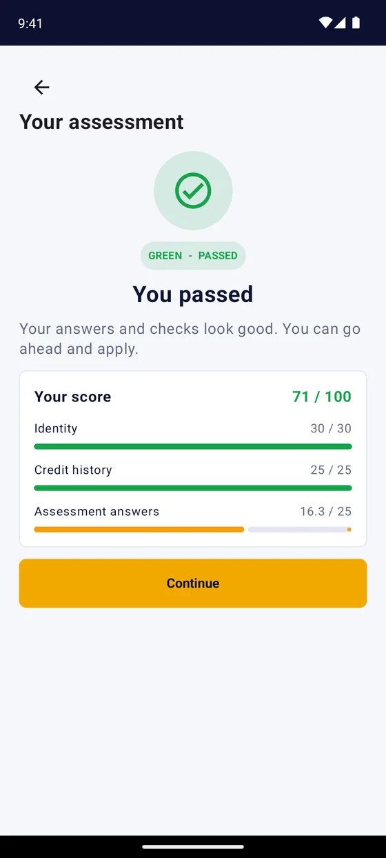A green Passed assessment result with a score of 74 out of 100 and its breakdown